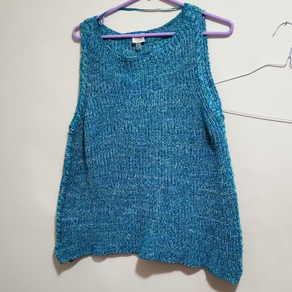 Sleeveless sweater, sweater vest, blue, green, and white knit. Size xl